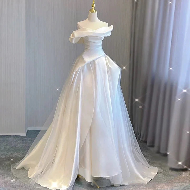 Buyishang Sexy Ball Gown Off The Shoulder Satin Long White Wedding Dresses With Ruffles dress for wedding